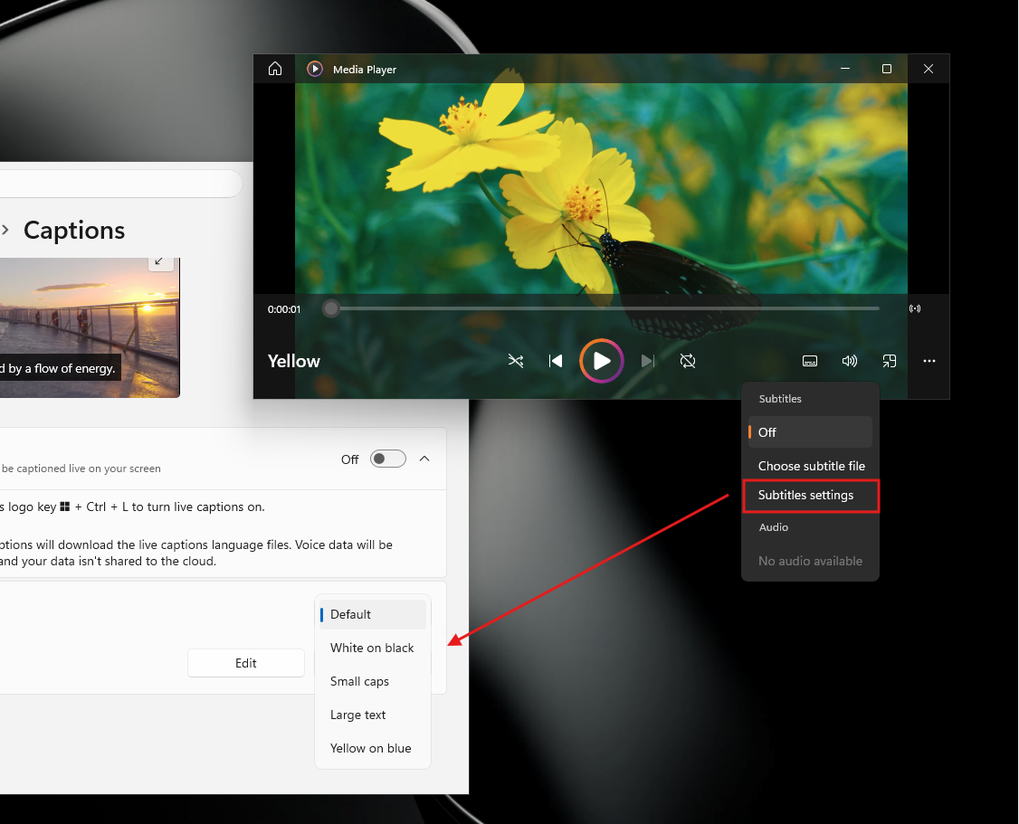 Настройки оформления субтитров в Windows Media Player.