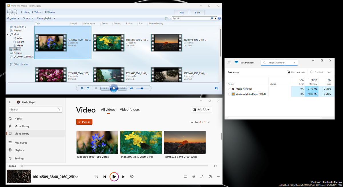 Потребление оперативной памяти Windows Media Player в сравнении со старым плеером.