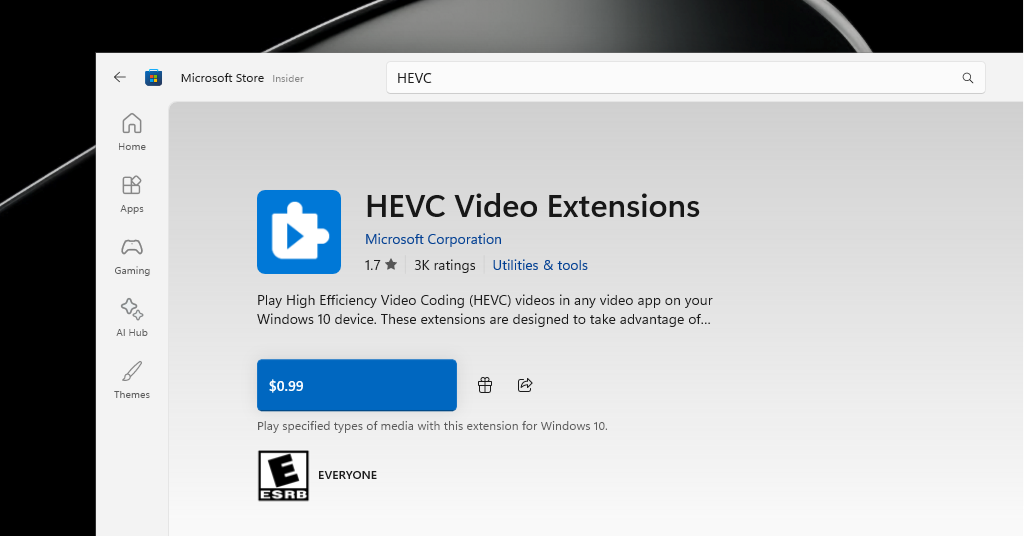 HEVC Video Extensions в Microsoft Store.