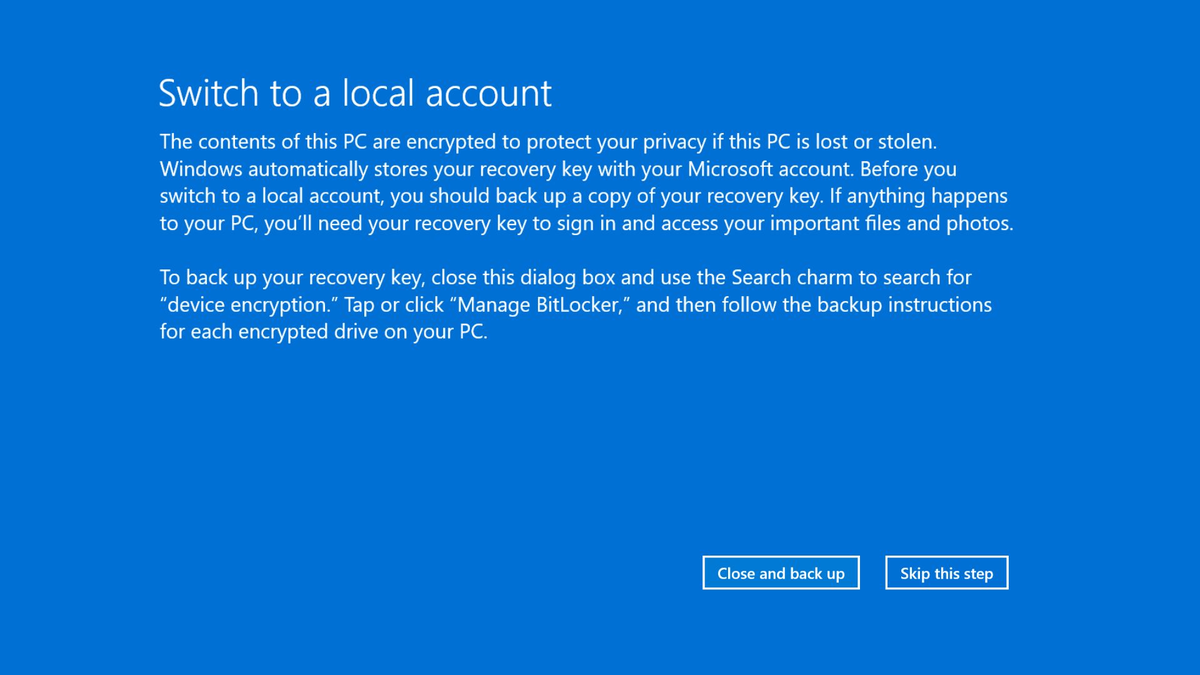 Windows 11 показывает диалоговое окно в стиле Windows 8 при переключении на локальную учетную запись в настройках