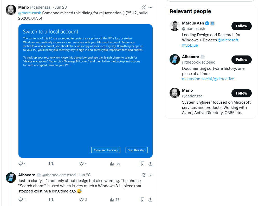 Microsoft по-прежнему отображает функцию поиска в Windows 8 при попытке переключиться на локальную учетную запись