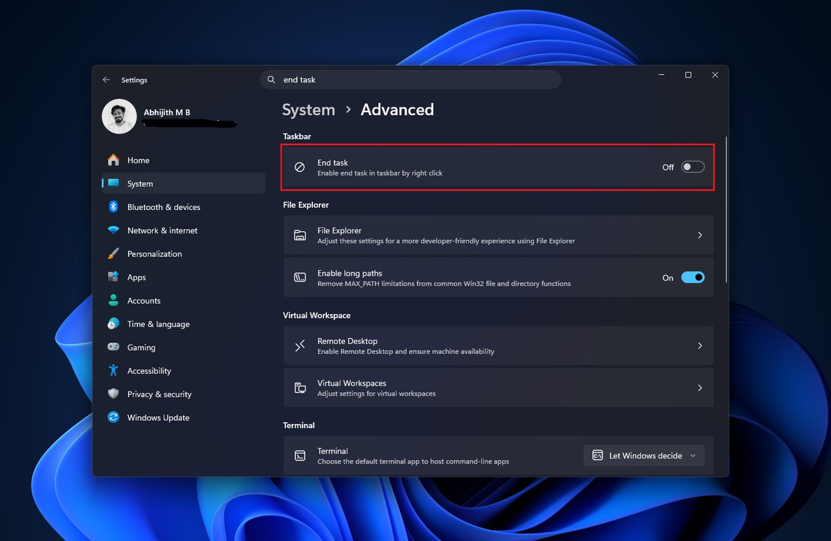 Как включить функцию End task в Windows 11.