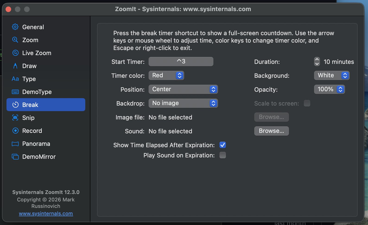 Настройки таймера перерыва ZoomIt в macOS