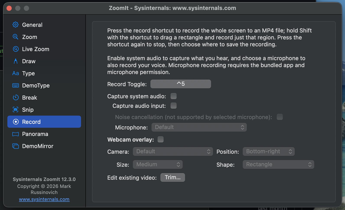 Настройки записи экрана в ZoomIt для Mac