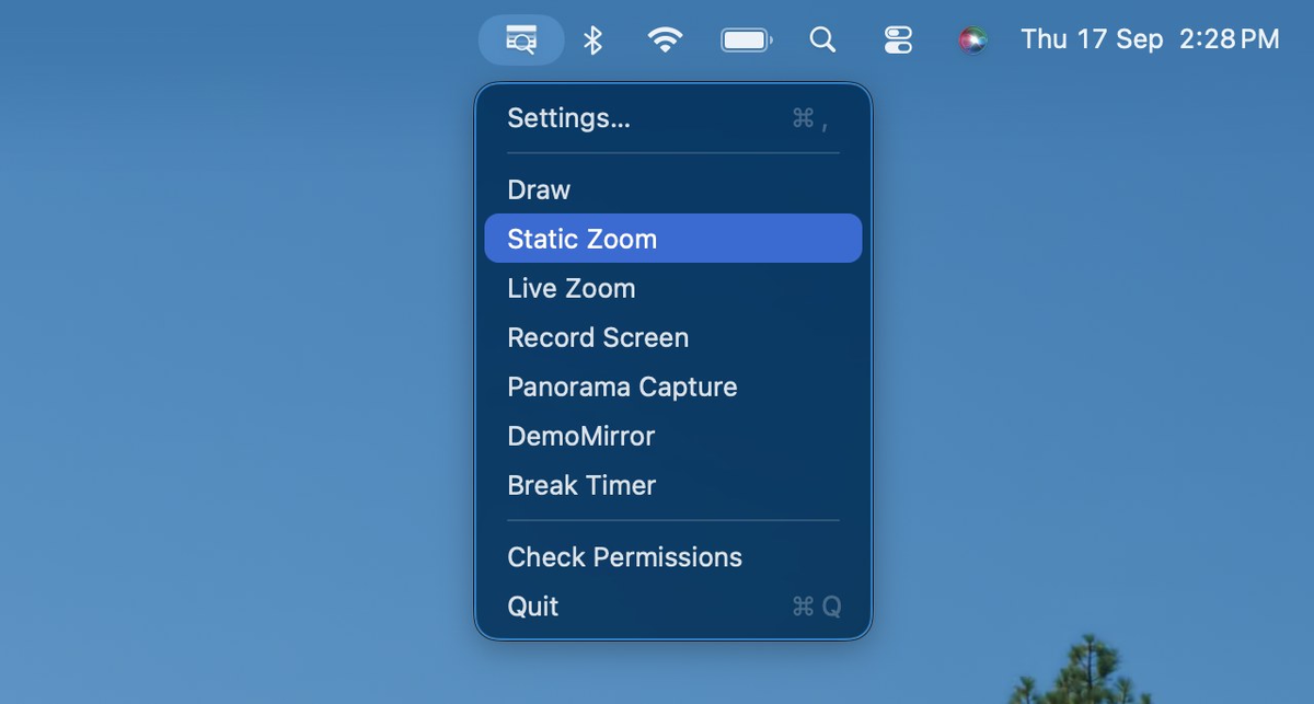 Настройки ZoomIt доступны из строки меню macOS