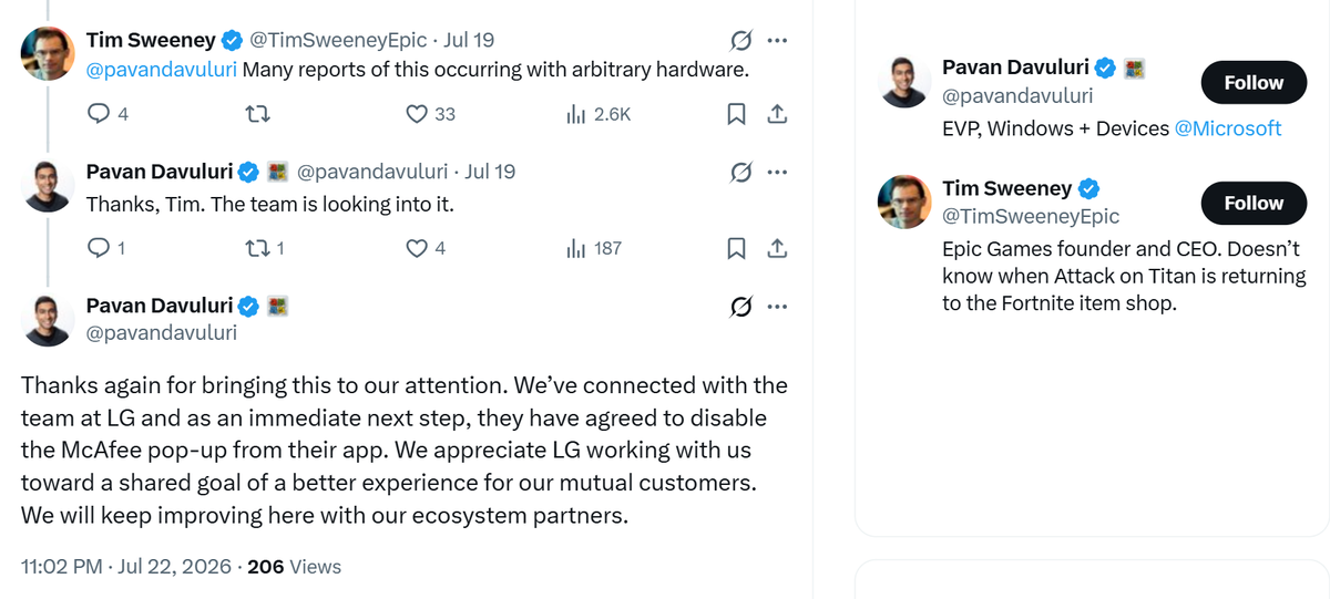 Microsoft просит LG прекратить показ рекламных окон McAfee, и LG соглашается