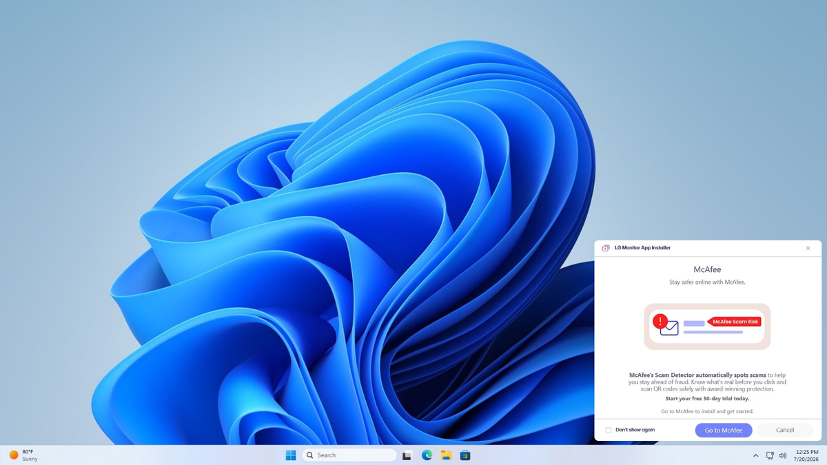 LG Monitor App Installer показывает всплывающее окно McAfee