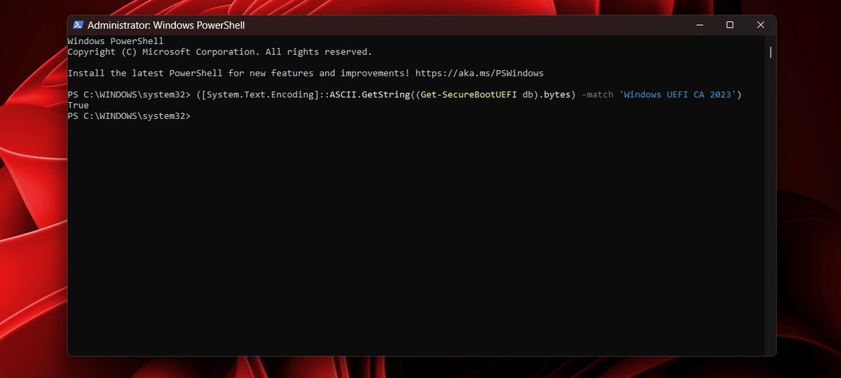 Вывод PowerShell, подтверждающий обновление Windows UEFI CA 2023