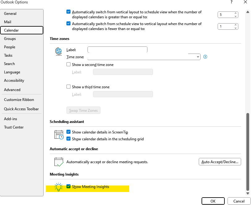 Отключение Meeting Insights в Outlook