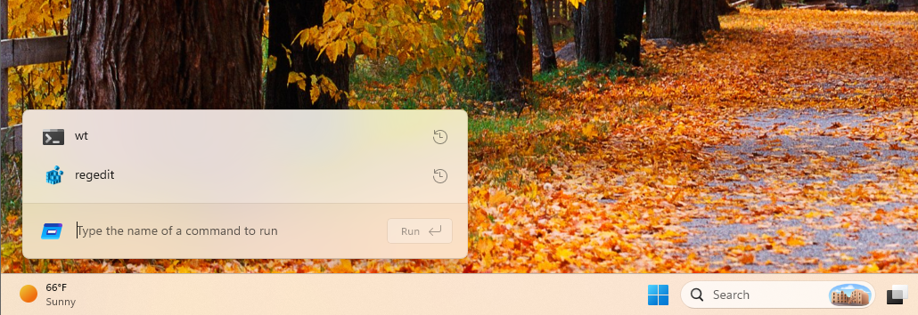 Новое окно «Выполнить» в Windows 11 с историей