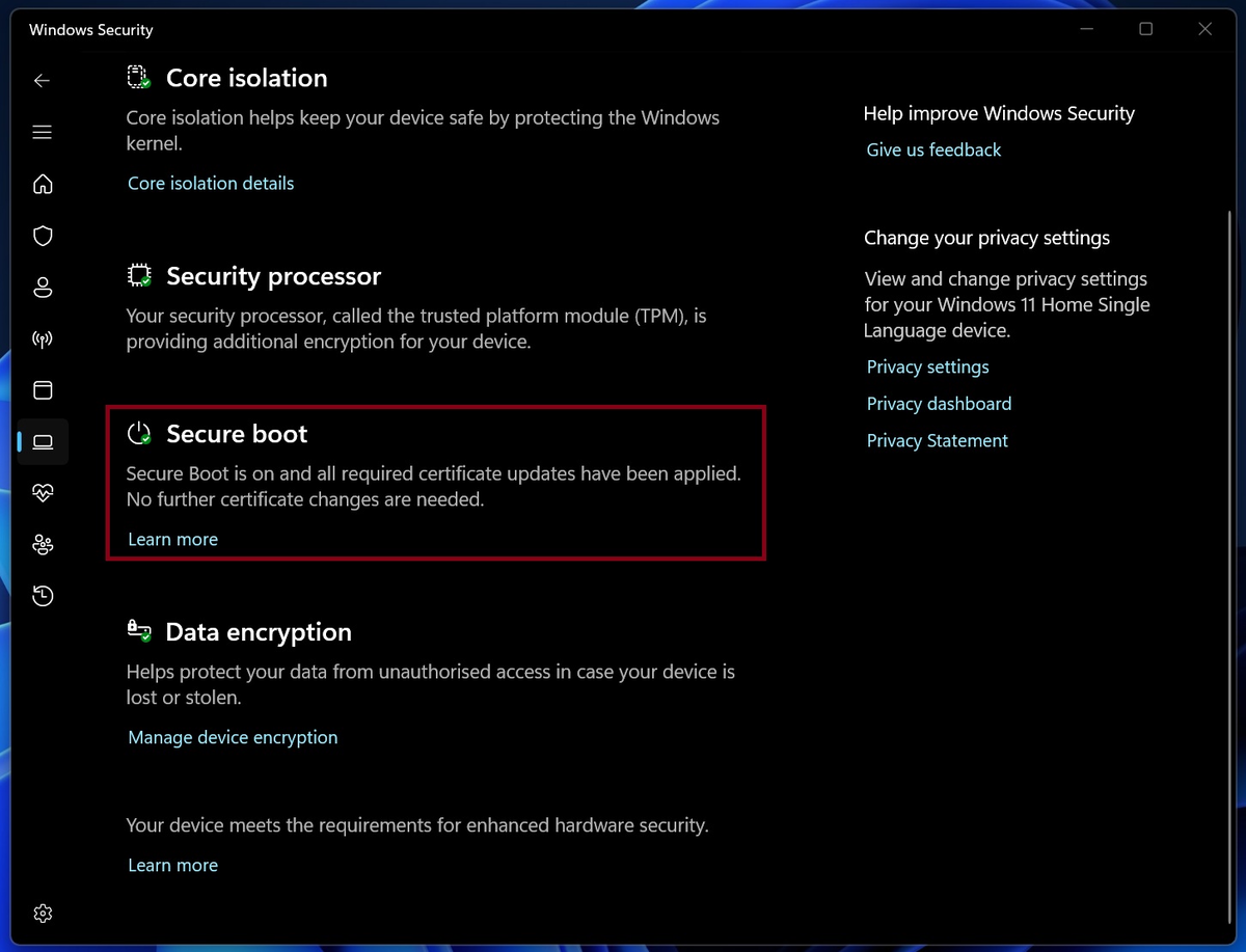 Проверка статуса Secure Boot в приложении «Безопасность Windows»