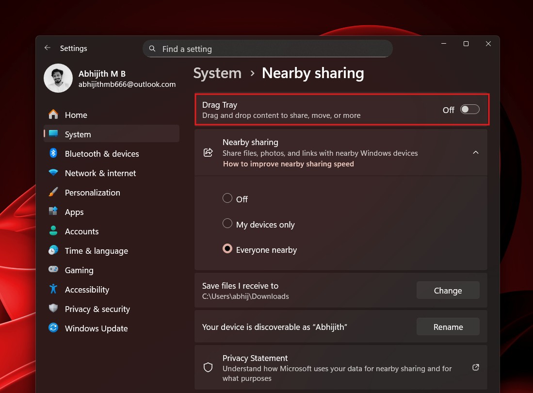 Отключение Drag Tray в Windows 11