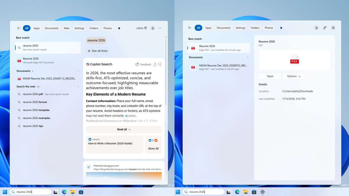Windows Search shows local files