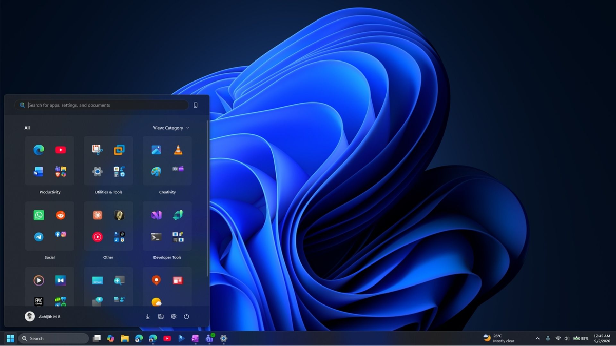 Меню Пуск с выравниванием по левому краю в Windows 11.