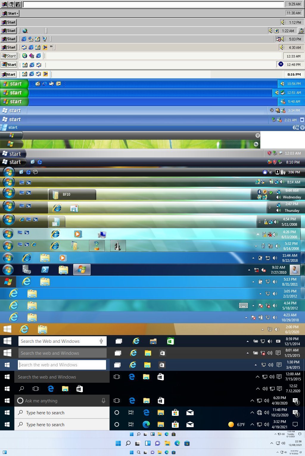 Меню Пуск и панель задач в разные годы. Источник: Windows on Windows через X
