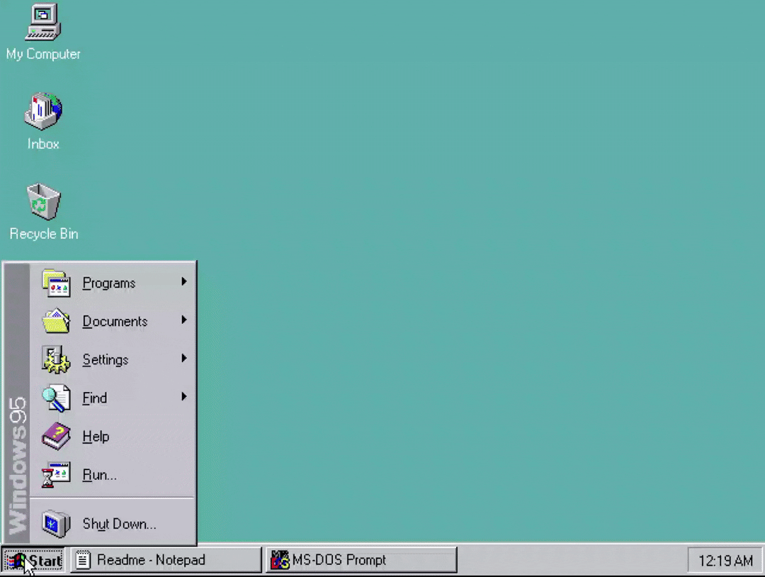 Открытие меню Пуск в Windows 95.