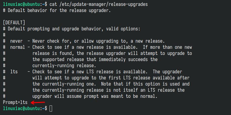 При необходимости измените значение на "lts" в файле release-upgrades.