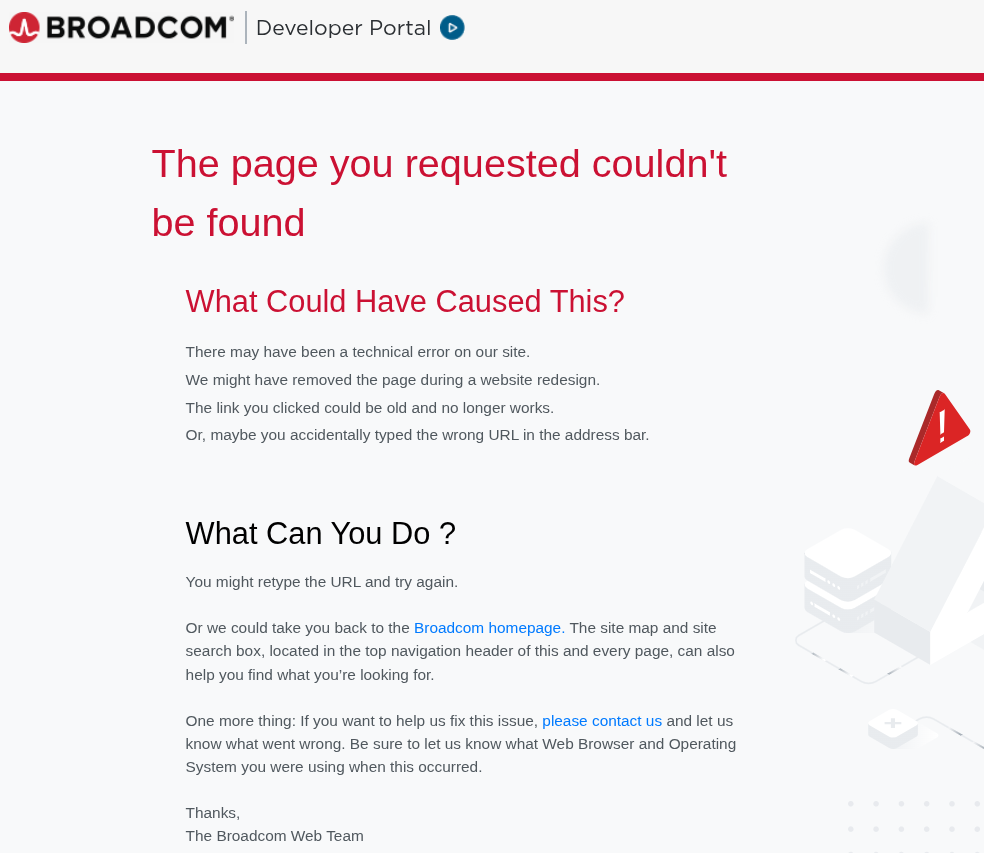 Ошибка "страница не найдена" на целевой странице VDDK портала разработчиков Broadcom