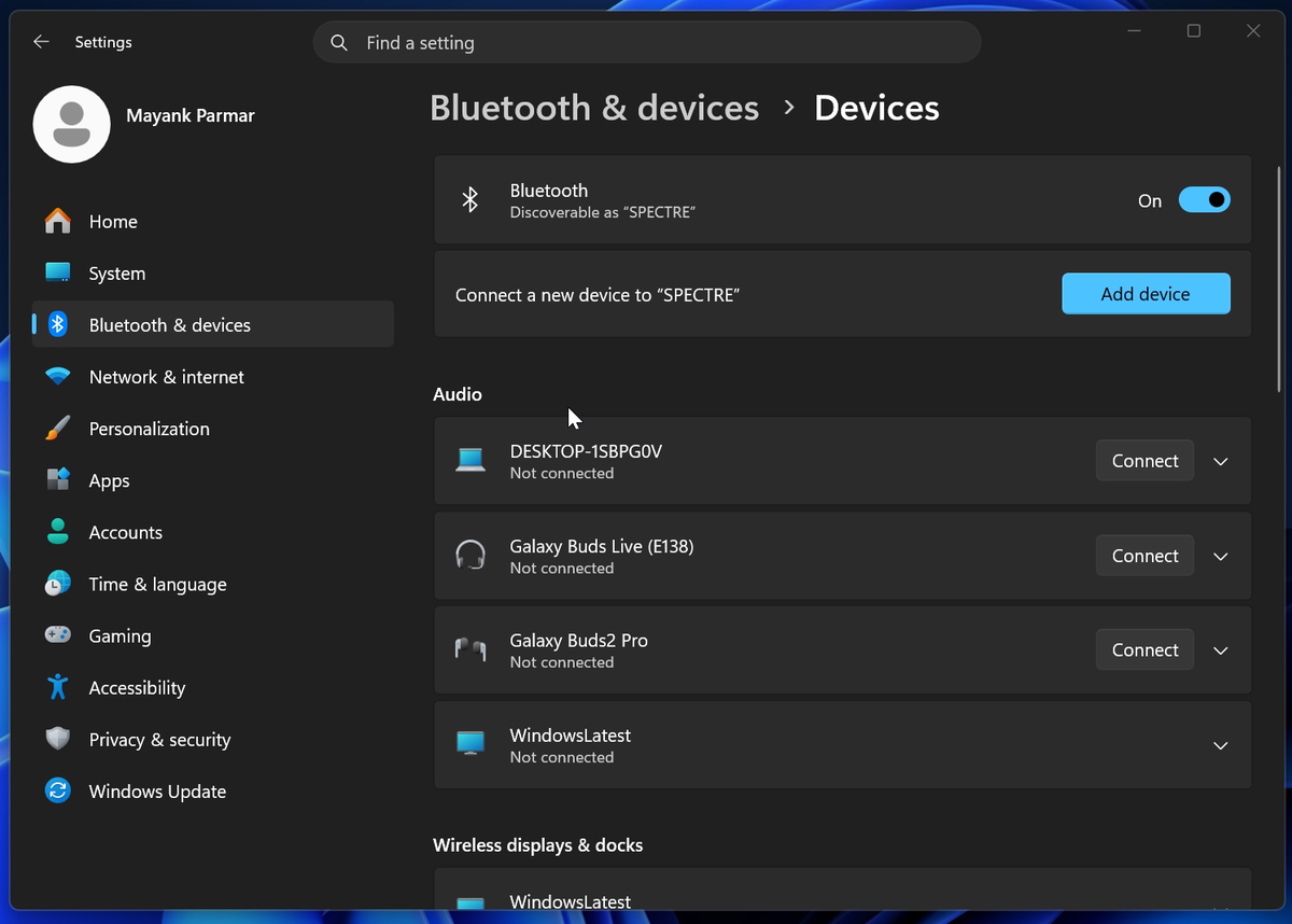 Страница устройств Bluetooth в Windows 11