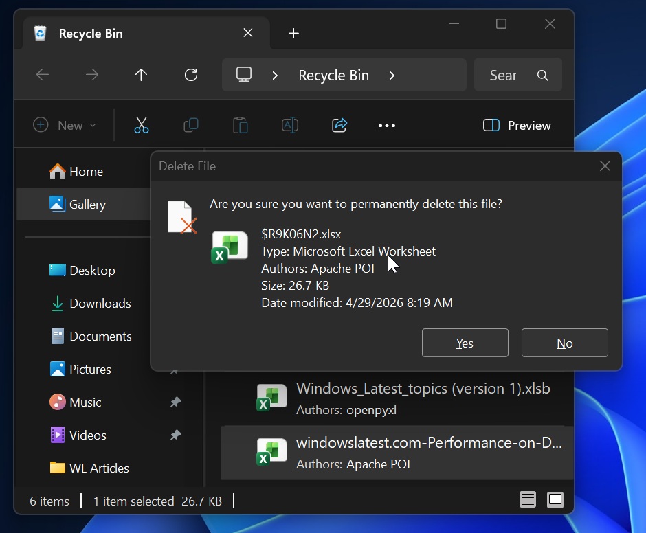 Корзина Windows 11 показывает неправильное имя файла