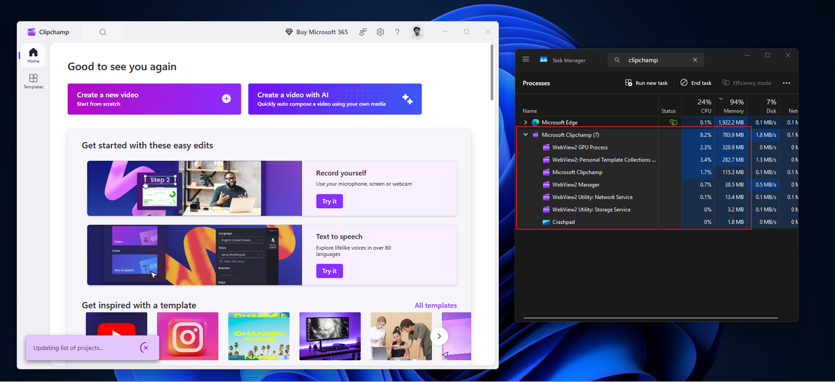 Использование ОЗУ Clipchamp