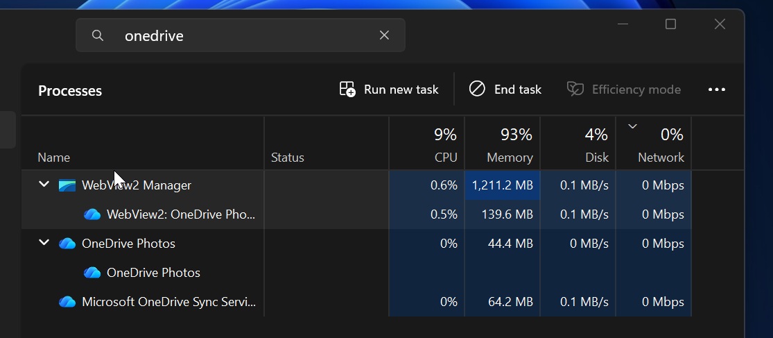 Использование ОЗУ приложением OneDrive Photos