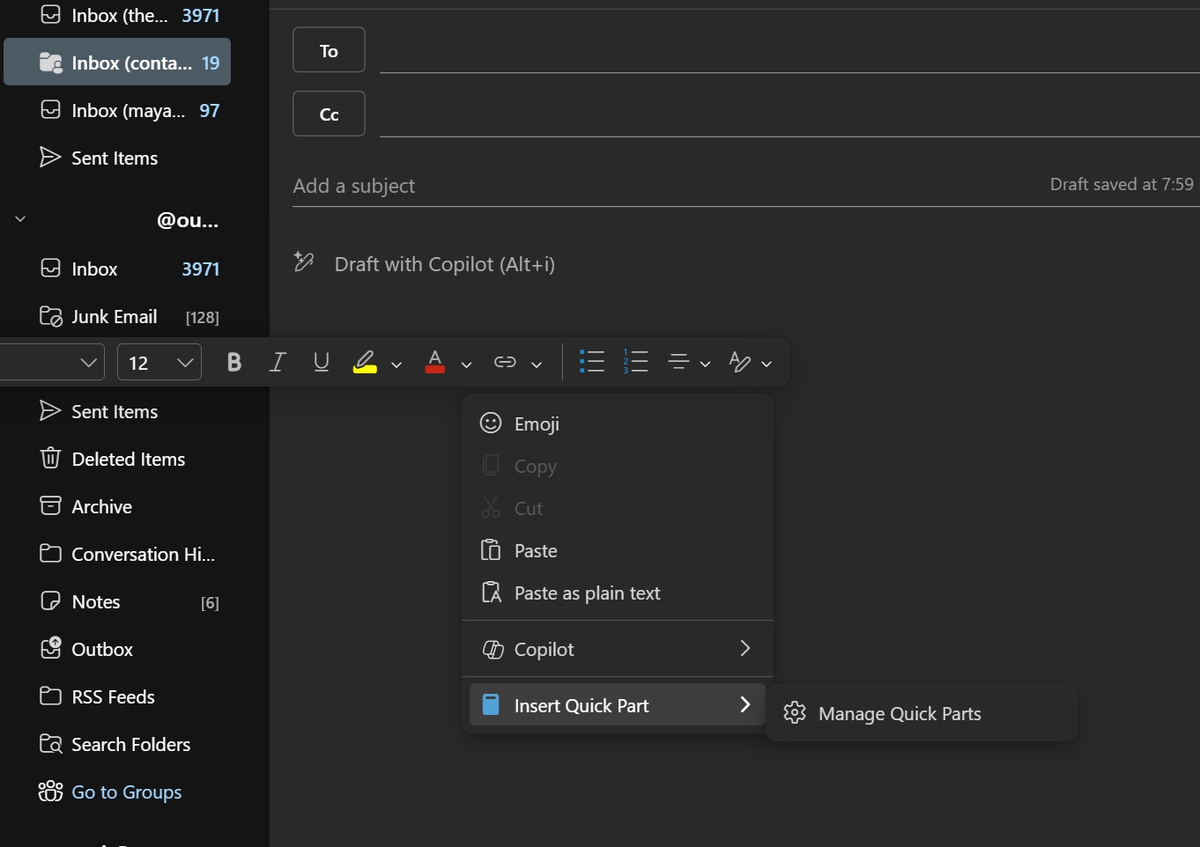 Вставка Quick Part в новом Outlook из контекстного меню