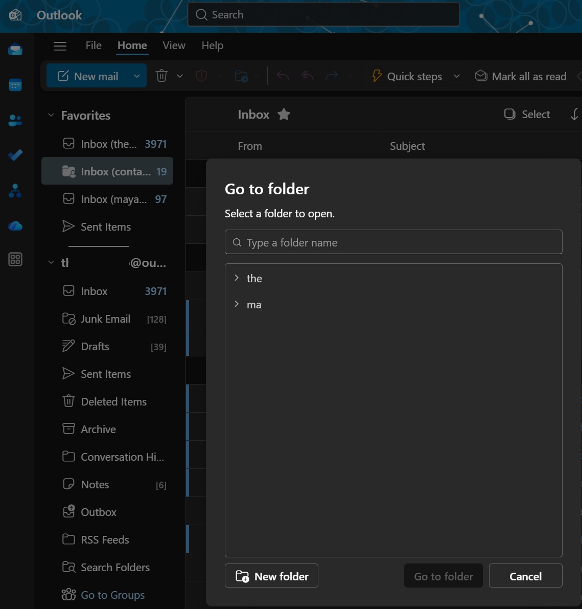 Переход к папке в новом Outlook