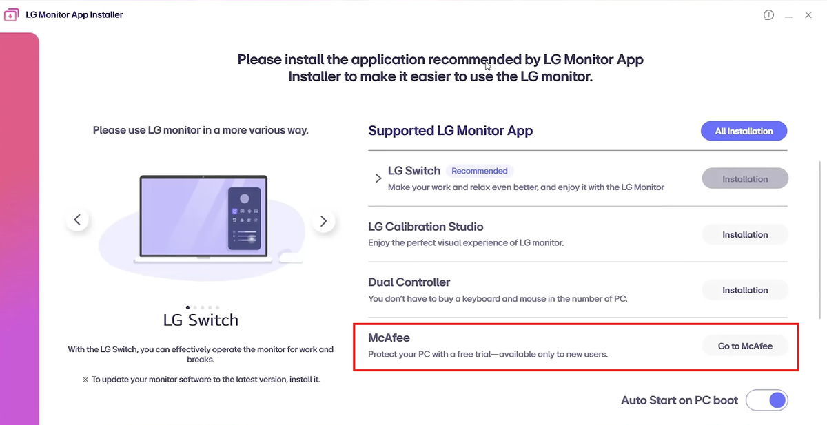 LG Monitor App Installer показывает McAfee