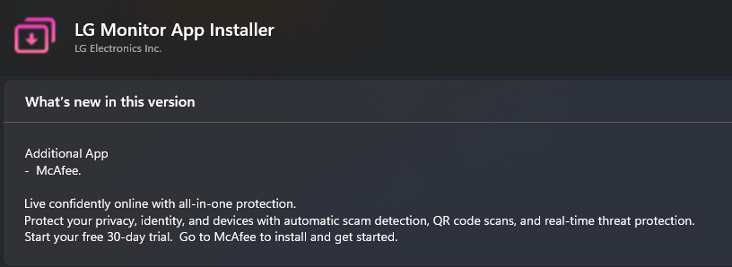 Список изменений LG Monitor App Installer подтверждает установку McAfee