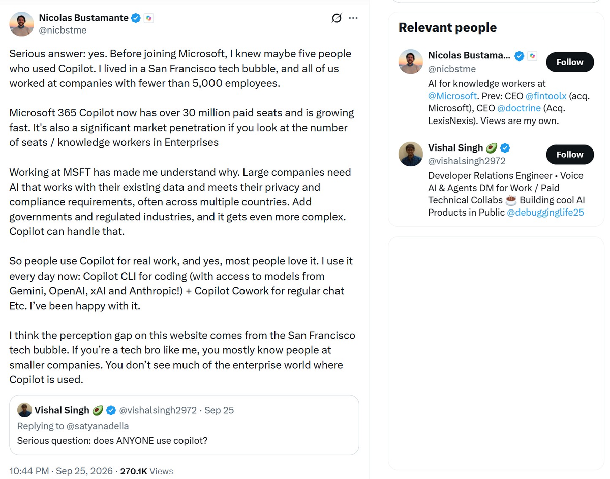 Сотрудник Microsoft защищает Copilot, пока комментатор высмеивает его под постом Сатьи Наделлы. Изображение: скриншот из X