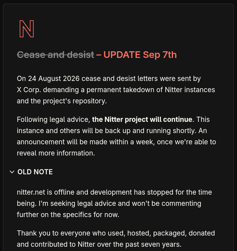 фрагмент официального сайта Nitter с обновлённым уведомлением о требовании X Corp прекратить работу