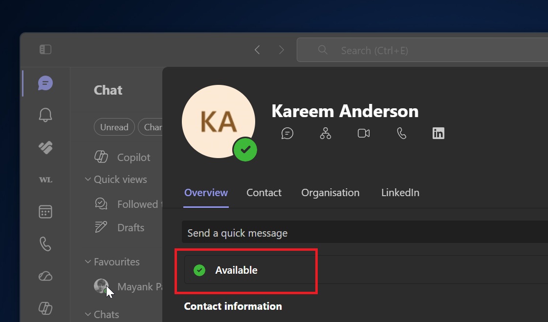 Текущая функция присутствия в Microsoft Teams